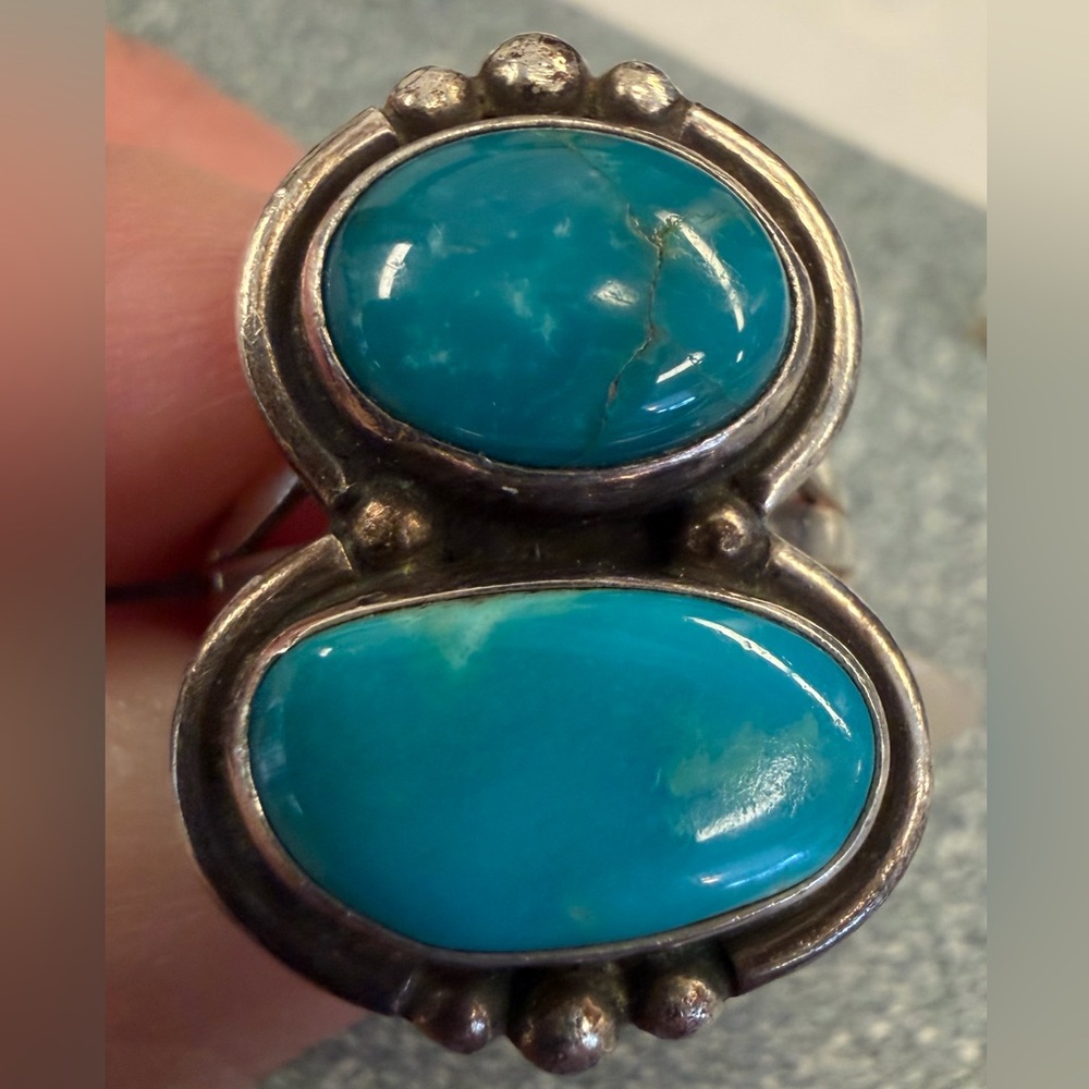 Vintage Tim Bedah Signed Navajo Dinè Double Turquoise Sterling Silver Ring 6.75